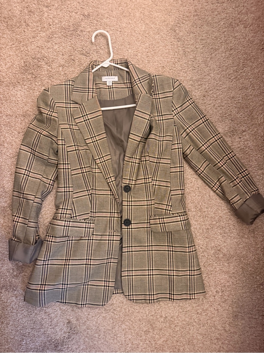 Topshop Taupe Plaid Tailored Blazer